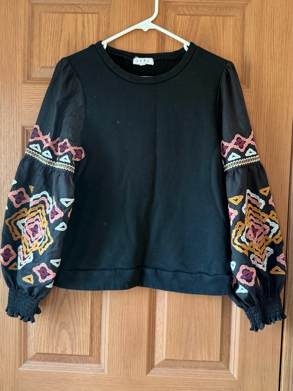THML Black Sweatshirt with Embroidered Balloon Sleeves